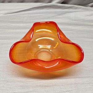 Vintage Viking Glass Orange Amberina/Cadmium Tri-Corner Folded Rim Ashtray/Dish